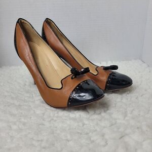 J. Crew Mona Womens Heel Shoes Size 8.5 Black Tan Leather Tassel Brogue Pumps
